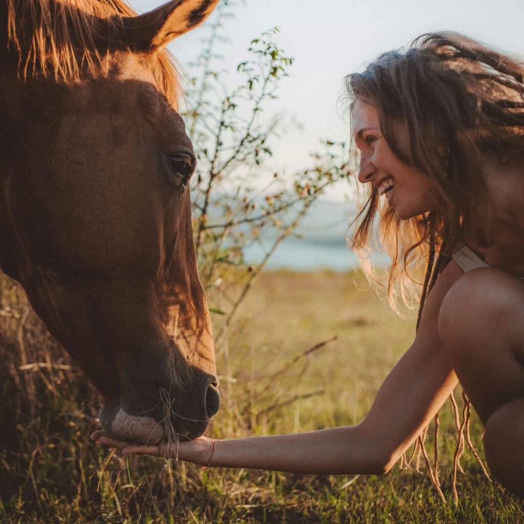 A joyful woman feeds a brown horse in a sunny countryside setting, emphasizing the human-animal bond.